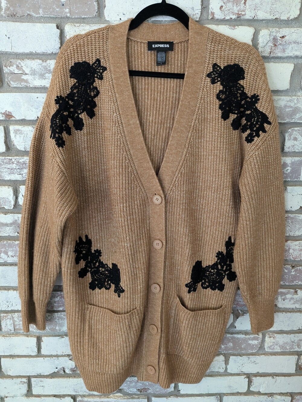 Express Camel Cardigan with Black Floral Appliqués